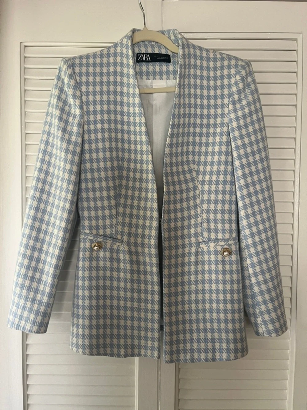 Zara Light Blue & White Houndstooth Collarless Blazer - Picture 6 of 14